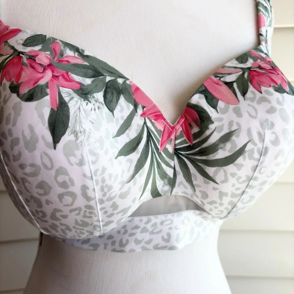 Cacique 40DD Lightly Lined Balconette Bra Floral Leopard Print Tropical EUC